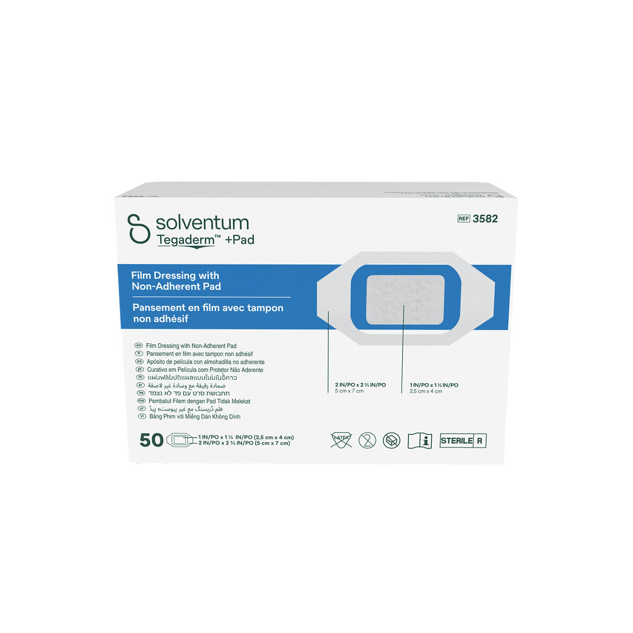 Solventum™ Tegaderm™ +Pad Film Dressing with Non-Adherent Pad, 3582, 2 in x 2 3/4 in (5 cm x 7 cm), 50/CAR, 4 CAR/CS - Front, Center, In Packaging (1C1)