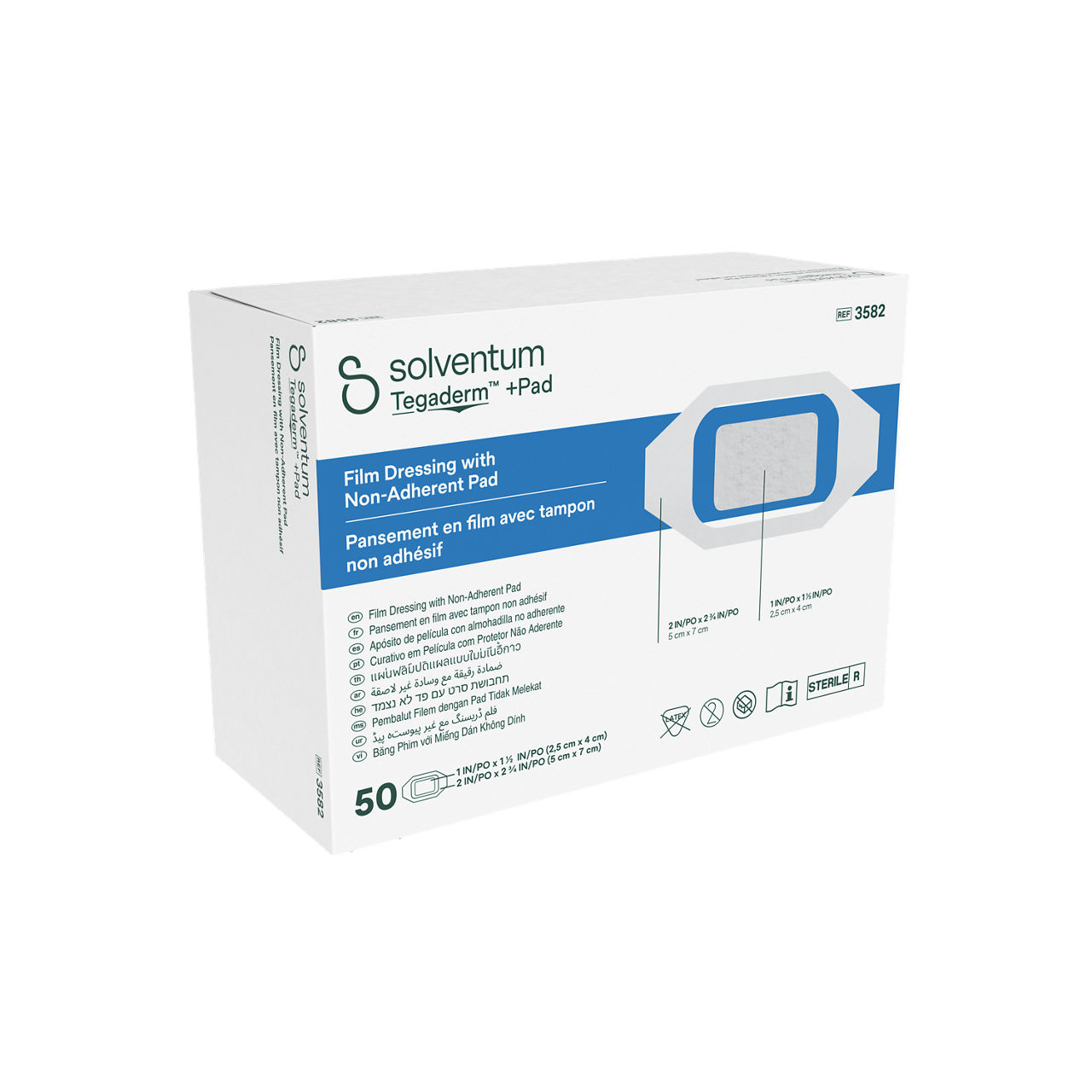Solventum™ Tegaderm™ +Pad Film Dressing with Non-Adherent Pad, 3582, 2 in x 2 3/4 in (5 cm x 7 cm), 50/CAR, 4 CAR/CS - Front, Left, In Packaging (1L1)