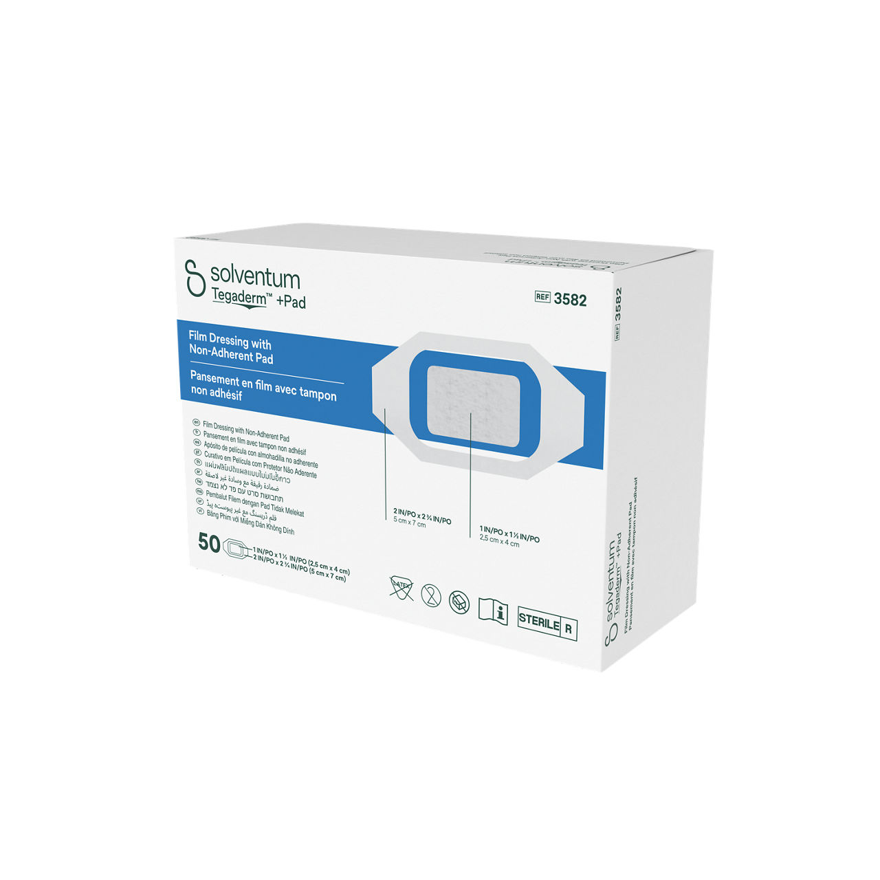 Solventum™ Tegaderm™ +Pad Film Dressing with Non-Adherent Pad, 3582, 2 in x 2 3/4 in (5 cm x 7 cm), 50/CAR, 4 CAR/CS - Front, Right, In Packaging (1R1)