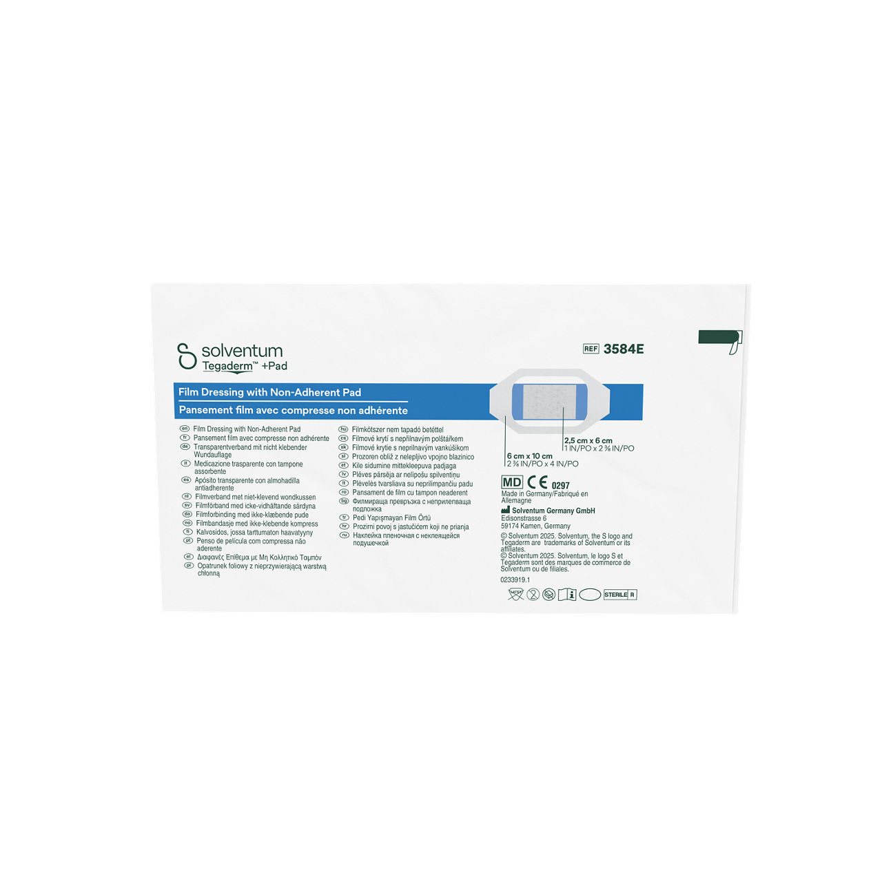 Solventum™ Tegaderm™ +Pad Film Dressing with Non-Adherent Pad, 3584E, 6 x 10 cm (2⅜ x 4 in), Pad - 2,5 x 6 cm, 50/CAR