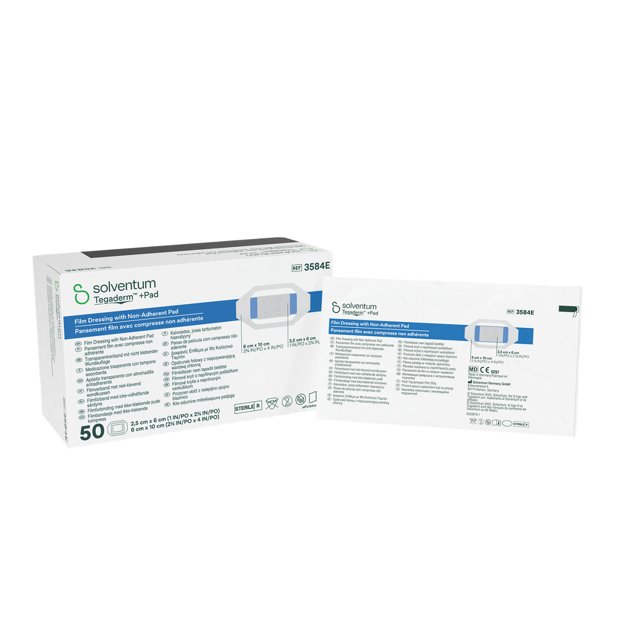 Solventum™ Tegaderm™ +Pad Film Dressing with Non-Adherent Pad, 3584E, 6 x 10 cm (2⅜ x 4 in), Pad - 2,5 x 6 cm, 50/CAR - Front, Center, In and Out of Packaging (1C10)
