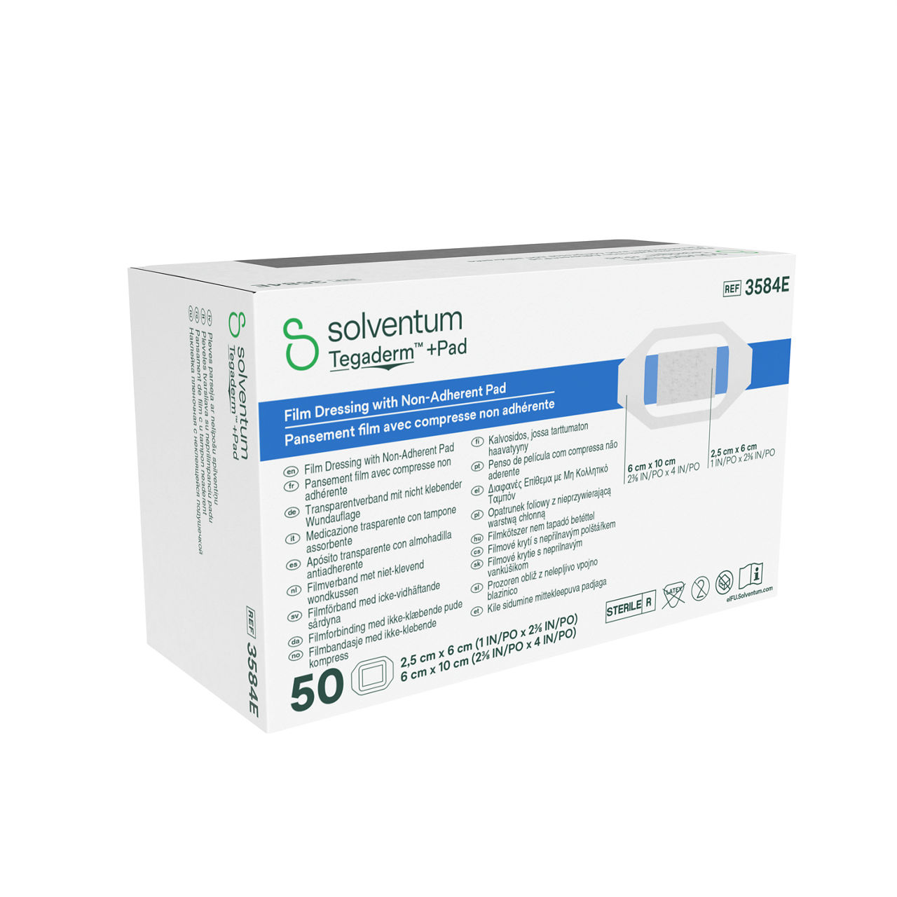 Solventum™ Tegaderm™ + Pad Film Dressing with Non-adherent Pad, 3584E, 200/CS - Front, Left, In Packaging (1L1)