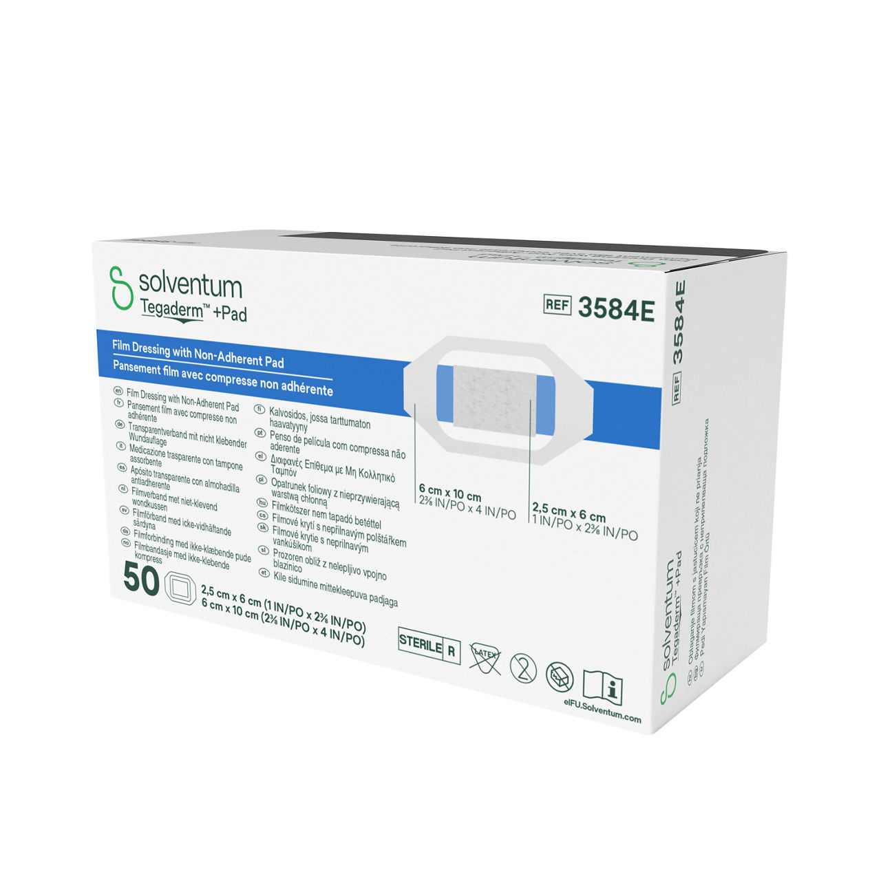 Solventum™ Tegaderm™ + Pad Film Dressing with Non-adherent Pad, 3584E, 200/CS - Front, Right, In Packaging (1R1)