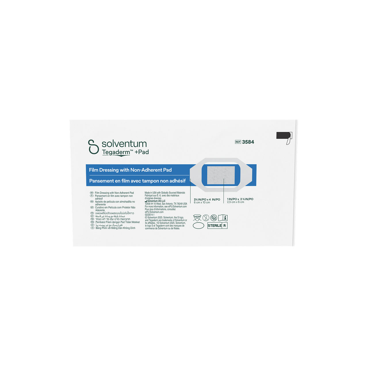 Solventum™ Tegaderm™ +Pad Film Dressing with Non-Adherent Pad, 3584, 2 3/8 in x 4 in (6 cm x 10 cm), 50/CAR, 4 CAR/CS - Front, Center, Out of Packaging (1C0)