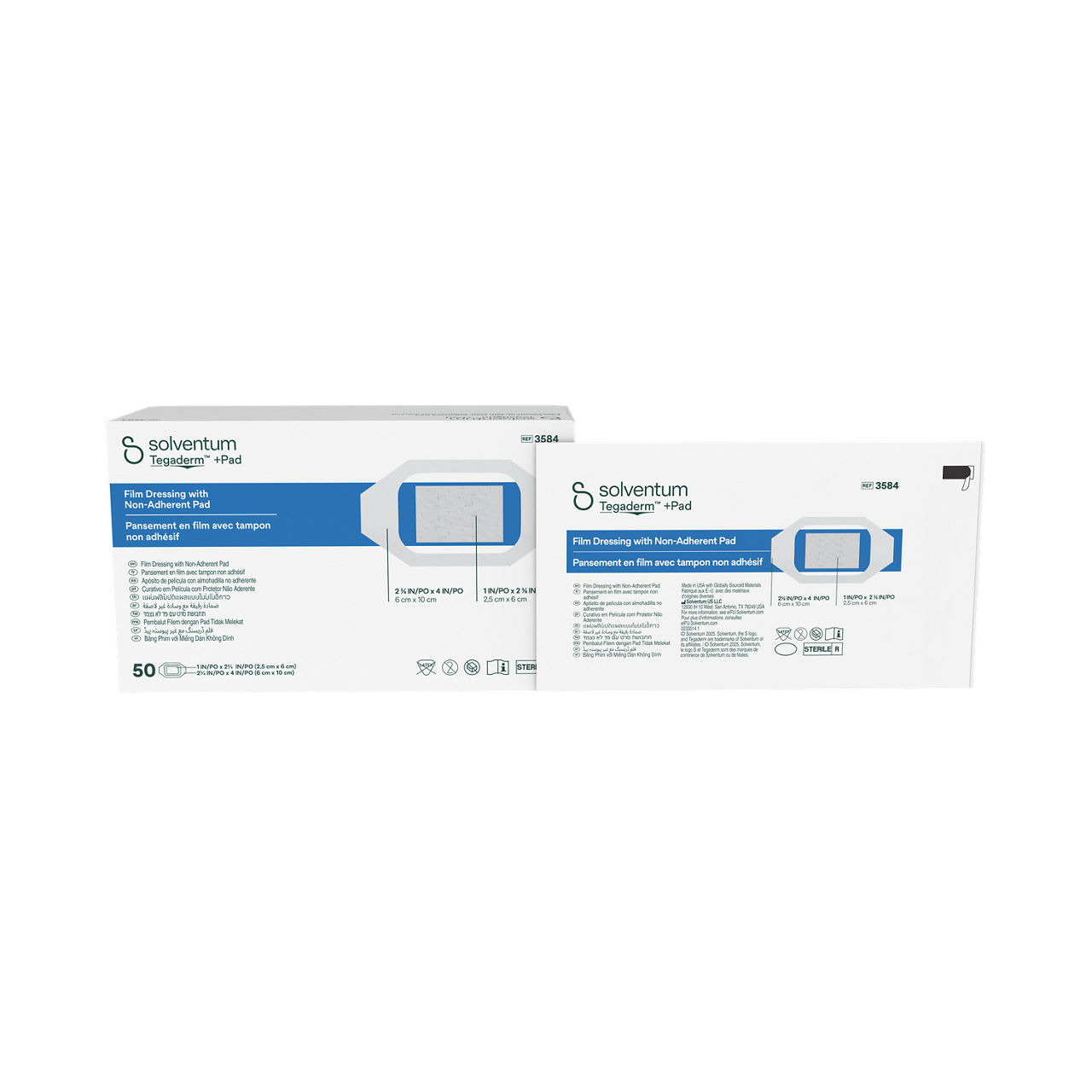 Solventum™ Tegaderm™ +Pad Film Dressing with Non-Adherent Pad, 3584, 2 3/8 in x 4 in (6 cm x 10 cm), 50/CAR, 4 CAR/CS - Front, Center, In and Out of Packaging (1C10)