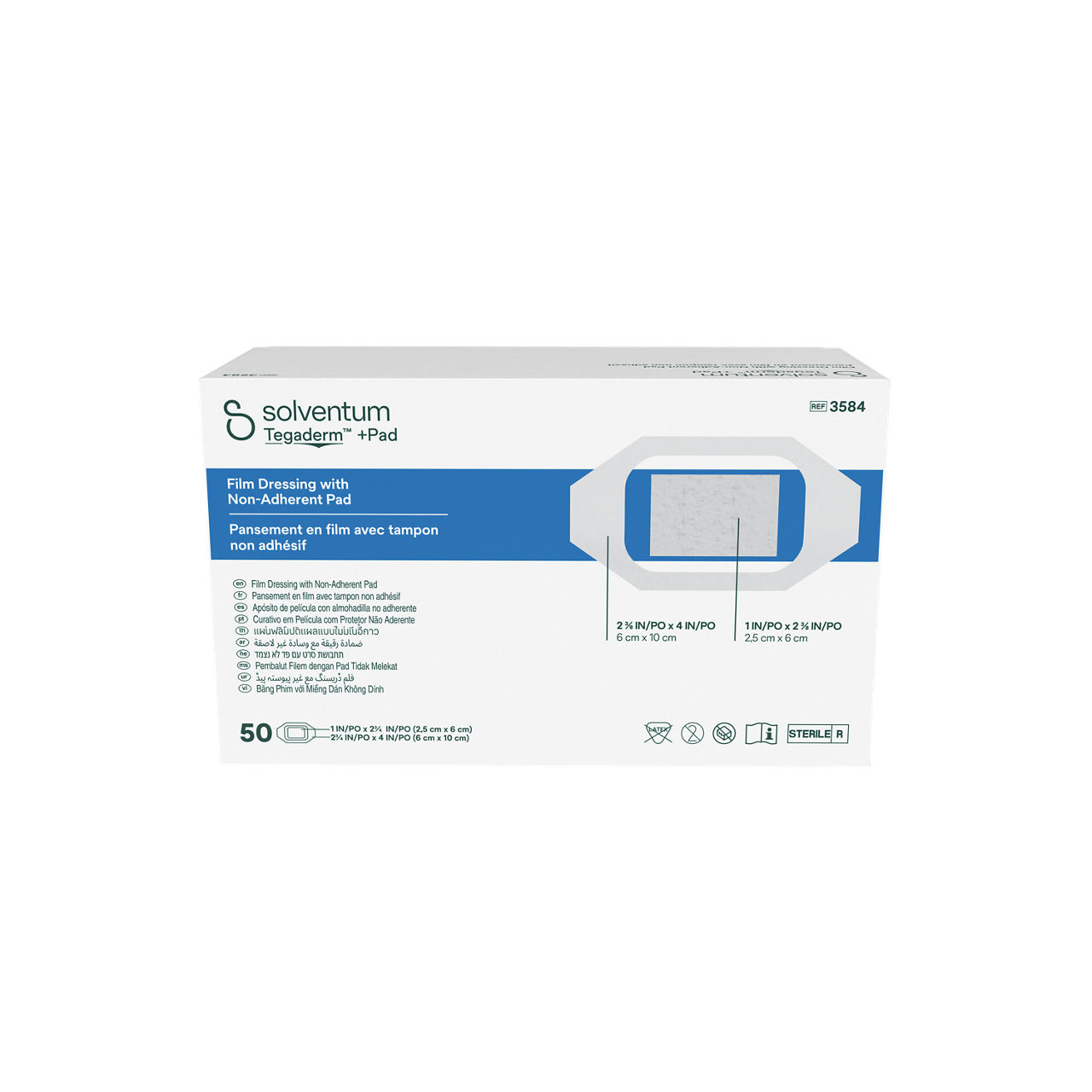 Solventum™ Tegaderm™ +Pad Film dressing with non-adherent pad, 3584, 6 x 10 cm (2⅜ x 4 in), Pad - 2,5 x 6 cm (1 x 2⅜ in), 50/CAR
