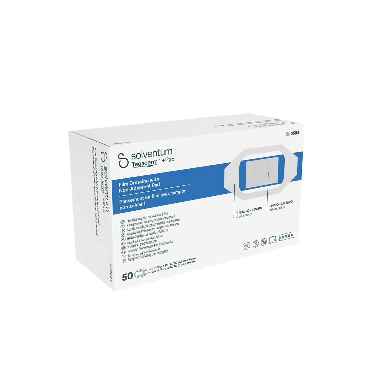 Solventum™ Tegaderm™ +Pad Film Dressing with Non-Adherent Pad, 3584, 2 3/8 in x 4 in (6 cm x 10 cm), 50/CAR, 4 CAR/CS - Front, Left, In Packaging (1L1)