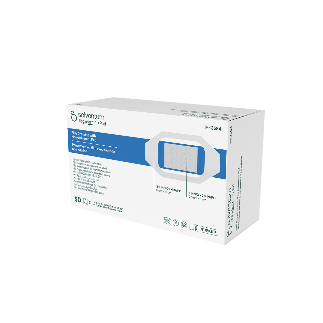 Solventum™ Tegaderm™ +Pad Film Dressing with Non-Adherent Pad, 3584, 2 3/8 in x 4 in (6 cm x 10 cm), 50/CAR, 4 CAR/CS - Front, Right, In Packaging (1R1)