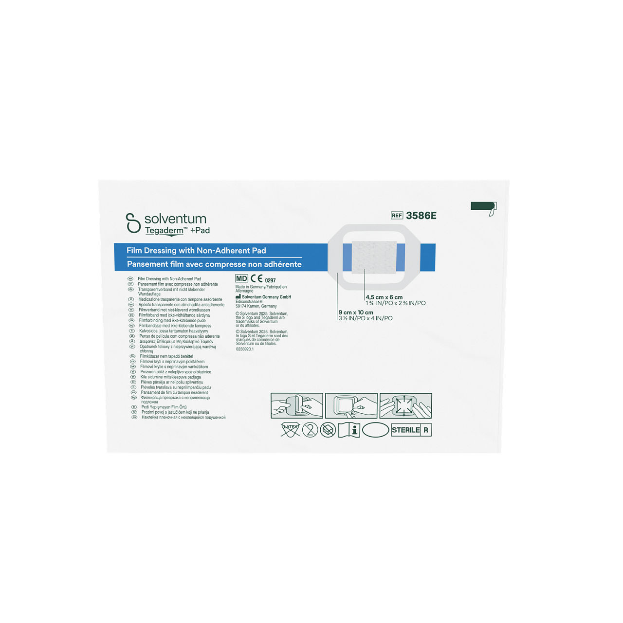 Solventum™ Tegaderm™ +Pad Film Dressing with Non-Adherent Pad, 3586E, 9 x 10 cm (3½ x 4 in), Pad - 4,5 x 6 cm, 25/CAR - Front, Center, Out of Packaging (1C0)