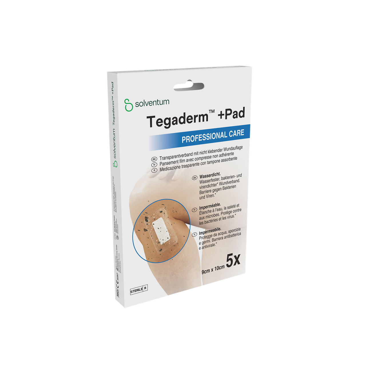 Solventum™ Tegaderm™ +Pad Film Dressing with Non-Adherent Pad, 3586P, 9 cm x 10 cm, 5 BAG/CAR, 6 CAR/CS - Front, Left, In Packaging (1L1)