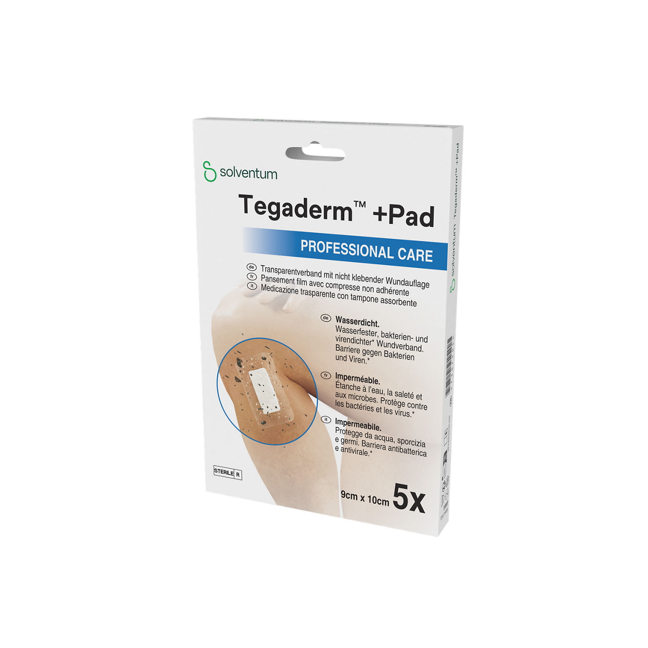 Solventum™ Tegaderm™ +Pad Film Dressing with Non-Adherent Pad, 3586P, 9 cm x 10 cm, 5 BAG/CAR, 6 CAR/CS - Front, Right, In Packaging (1R1)