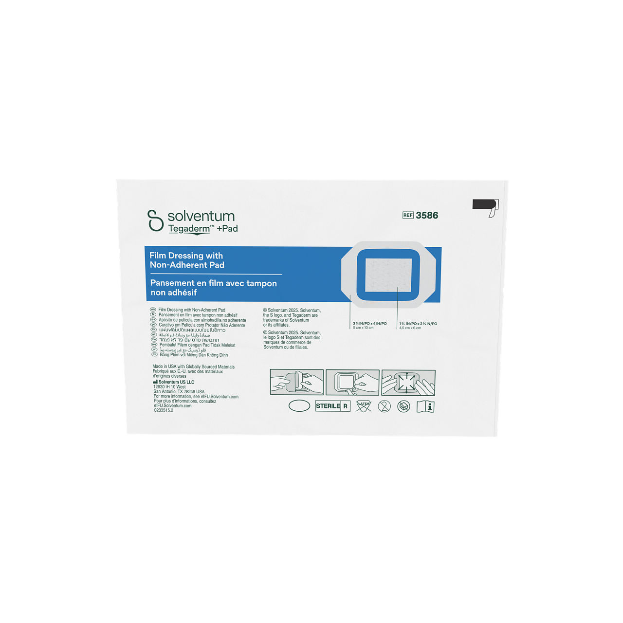 Solventum™ Tegaderm™ +Pad Film Dressing with Non-Adherent Pad, 3586, 3 1/2 in x 4 in (9 cm x 10 cm), 25/CAR, 4 CAR/CS - Front, Center, Out of Packaging (1C0)