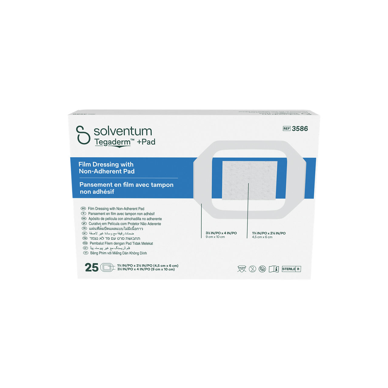 Solventum™ Tegaderm™ +Pad Film Dressing with Non-Adherent Pad, 3586, 3 1/2 in x 4 in (9 cm x 10 cm), 25/CAR, 4 CAR/CS - Front, Center, In Packaging (1C1)