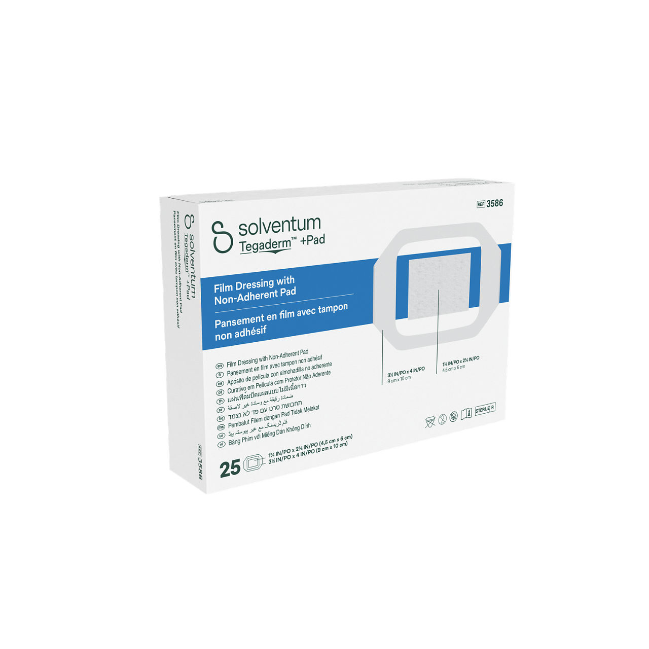 Solventum™ Tegaderm™ +Pad Film Dressing with Non-Adherent Pad, 3586, 3 1/2 in x 4 in (9 cm x 10 cm), 25/CAR, 4 CAR/CS - Front, Left, In Packaging (1L1)