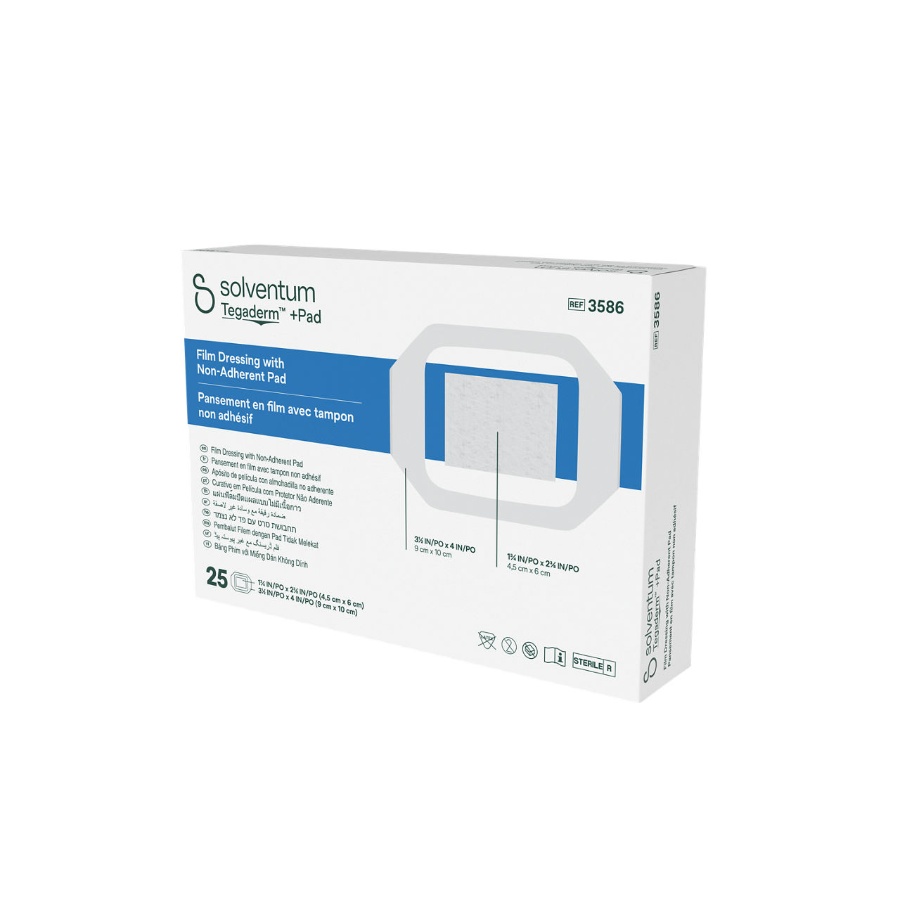 Solventum™ Tegaderm™ +Pad Film Dressing with Non-Adherent Pad, 3586, 3 1/2 in x 4 in (9 cm x 10 cm), 25/CAR, 4 CAR/CS - Front, Right, In Packaging (1R1)