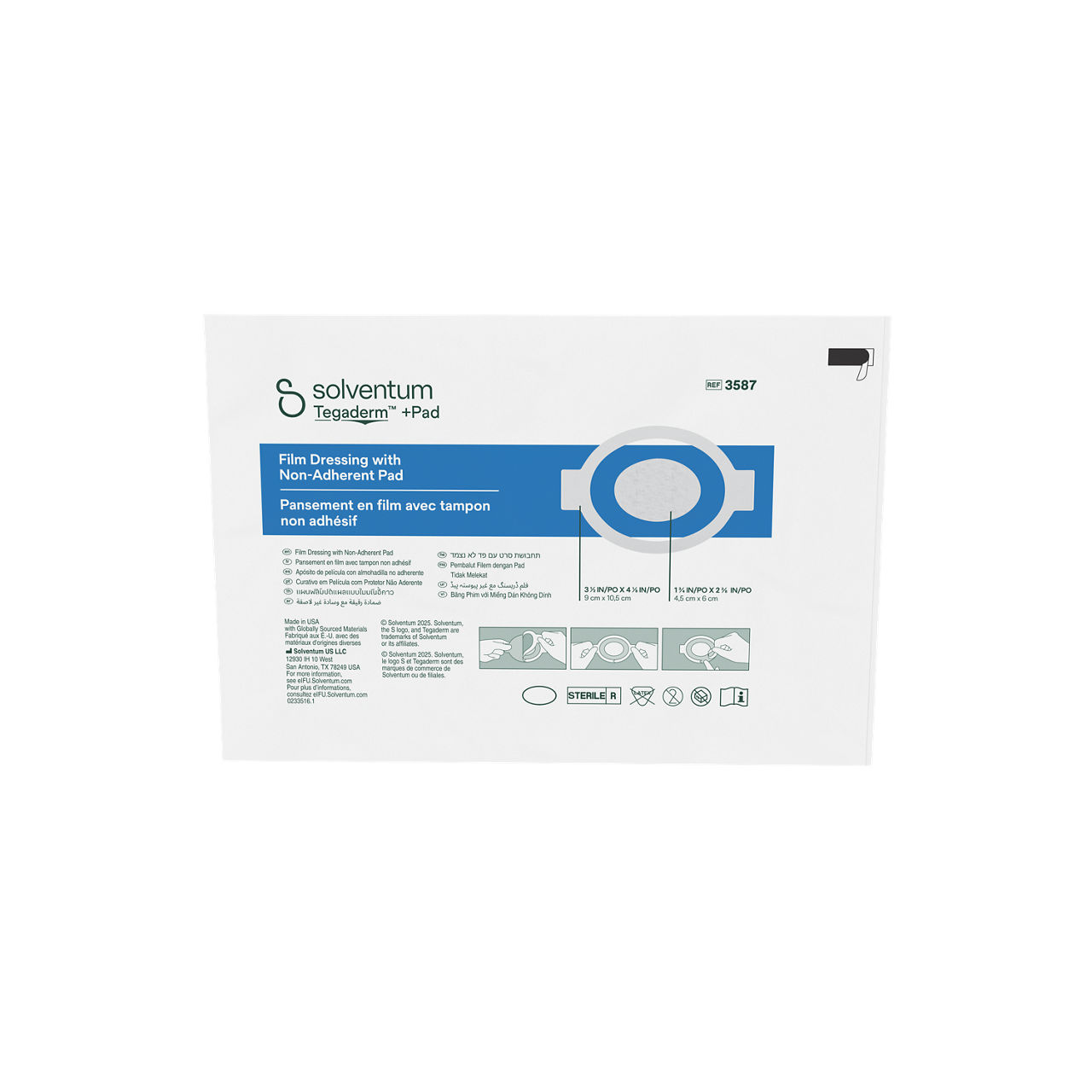 Solventum™ Tegaderm™ +Pad Film Dressing with Non-Adherent Pad, 3587, 3 1/2 in x 4 1/8 in (9 cm x 10.5 cm), 25/CAR, 4 CAR/CS - Front, Center, Out of Packaging (1C0)