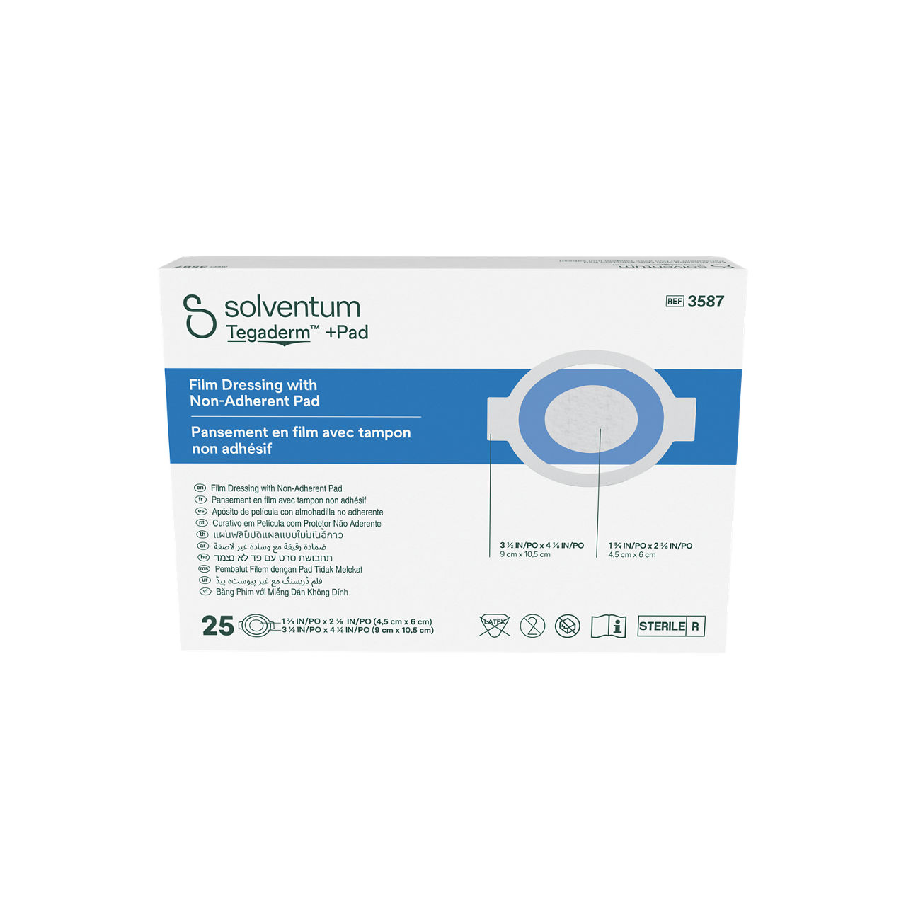 Solventum™ Tegaderm™ +Pad Film Dressing with Non-Adherent Pad, 3587, 3 1/2 in x 4 1/8 in (9 cm x 10.5 cm), 25/CAR, 4 CAR/CS - Front, Center, In Packaging (1C1)