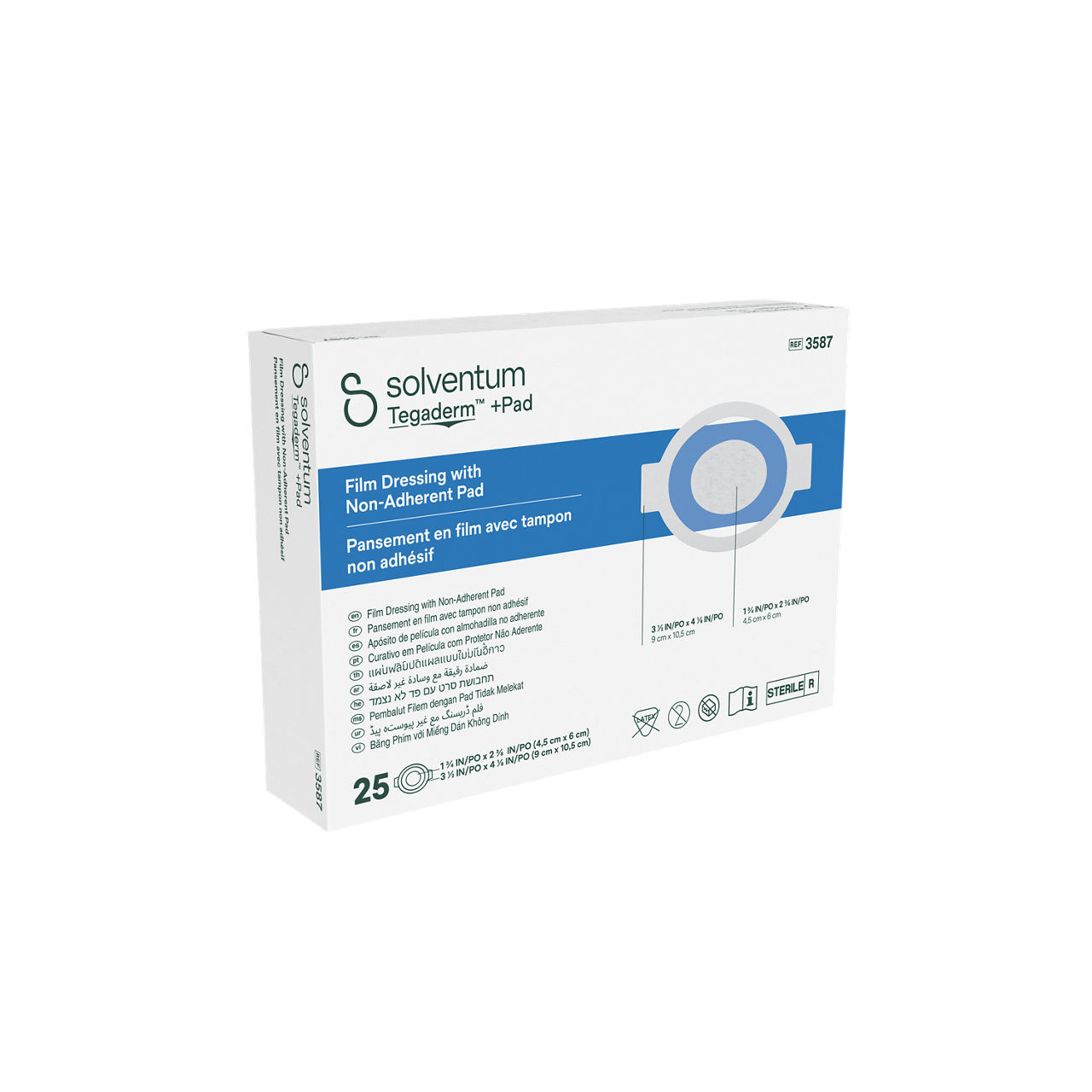 Solventum™ Tegaderm™ +Pad Film Dressing with Non-Adherent Pad, 3587, 3 1/2 in x 4 1/8 in (9 cm x 10.5 cm), 25/CAR, 4 CAR/CS - Front, Left, In Packaging (1L1)