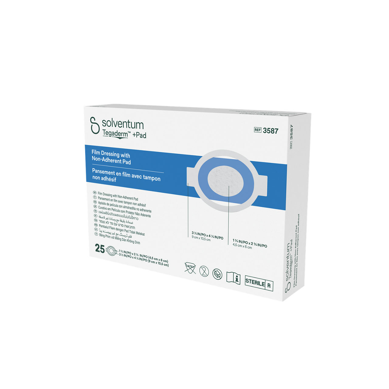 Solventum™ Tegaderm™ +Pad Film Dressing with Non-Adherent Pad, 3587, 3 1/2 in x 4 1/8 in (9 cm x 10.5 cm), 25/CAR, 4 CAR/CS - Front, Right, In Packaging (1R1)