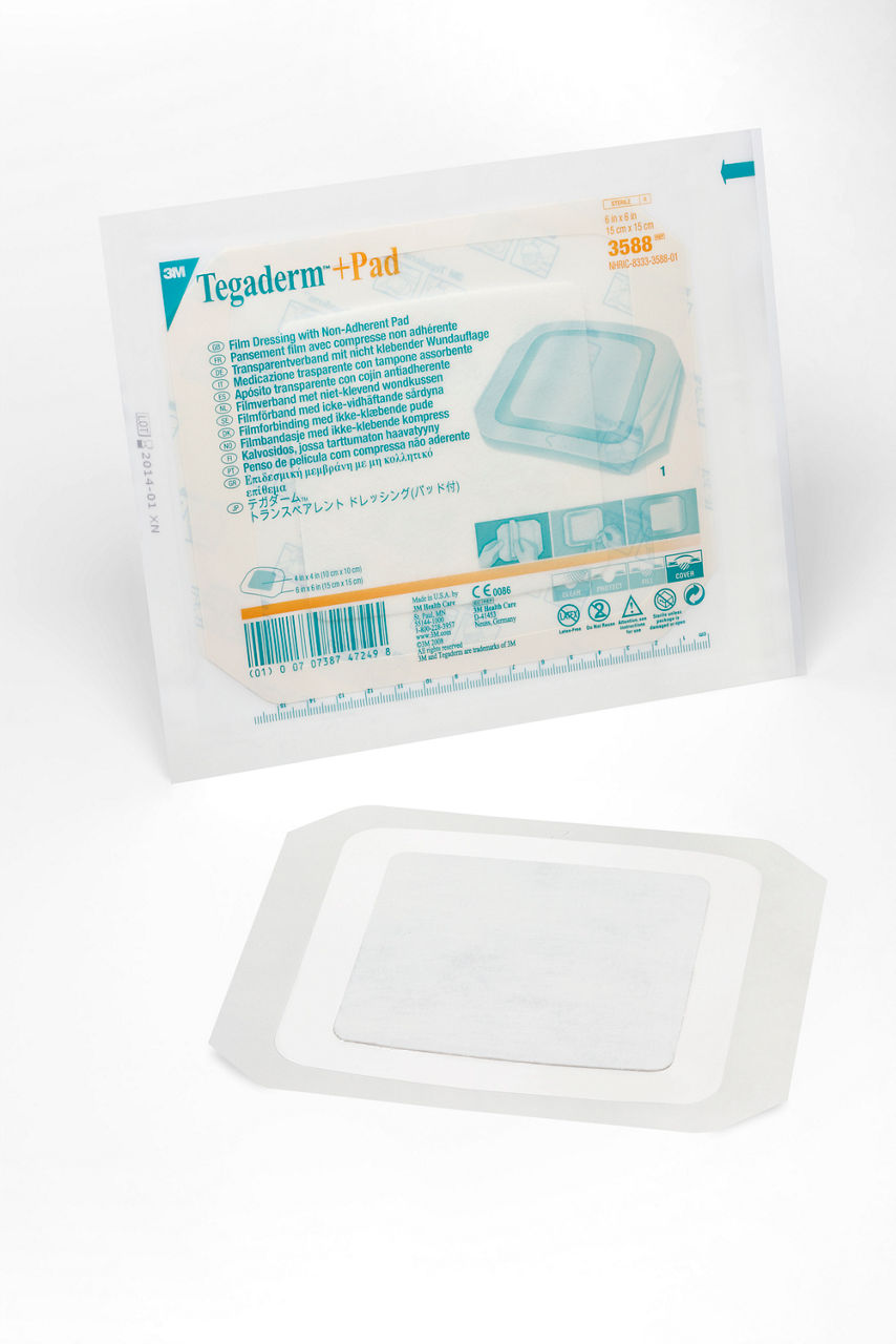 3M™ Tegaderm™ +Pad Film Dressing with Non-Adherent Pad, 3588, 6 in x 6in (15 cm x 15 cm), 25/Carton, 4 Cartons/case