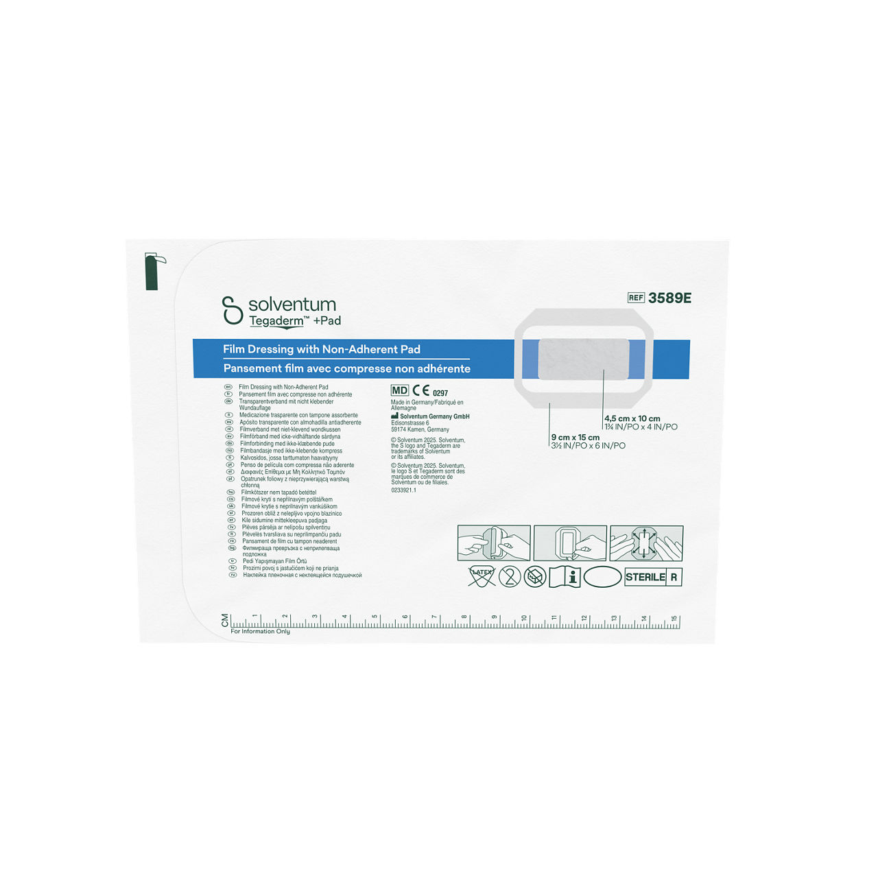 Solventum™ Tegaderm™ +Pad Film Dressing with Non-Adherent Pad, 3589E, 9 x 15 cm (3½ x 6 in), Pad - 4,5 x 10 cm, 25/CAR - Front, Center, Out of Packaging (1C0)