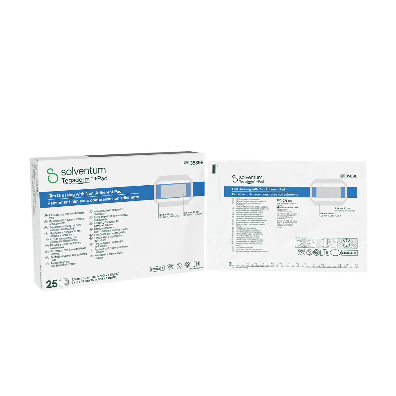 Solventum™ Tegaderm™ +Pad Penso de película com compressa não aderente, 3589E, 9 x 15 cm (3½ x 6 in), Pad - 4,5 x 10 cm, 25/C