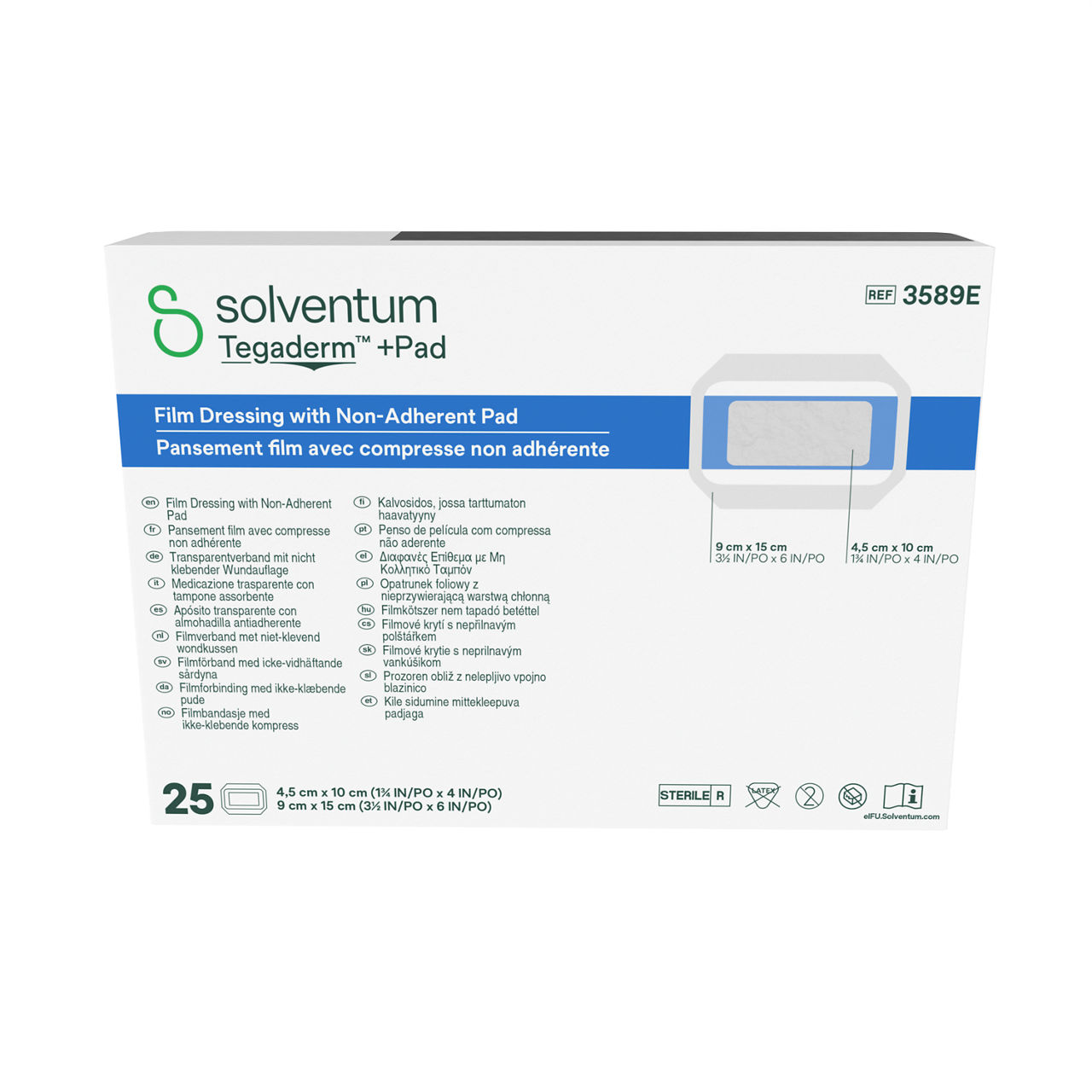 Solventum™ Tegaderm™ + Pad Film Dressing with Non-adherent Pad, 3589E, 3 1/2 in x 6 in (9 cm x 15 cm), 1/BAG, 100 BAG/CS, 100/CS - Front, Center, In Packaging (1C1)