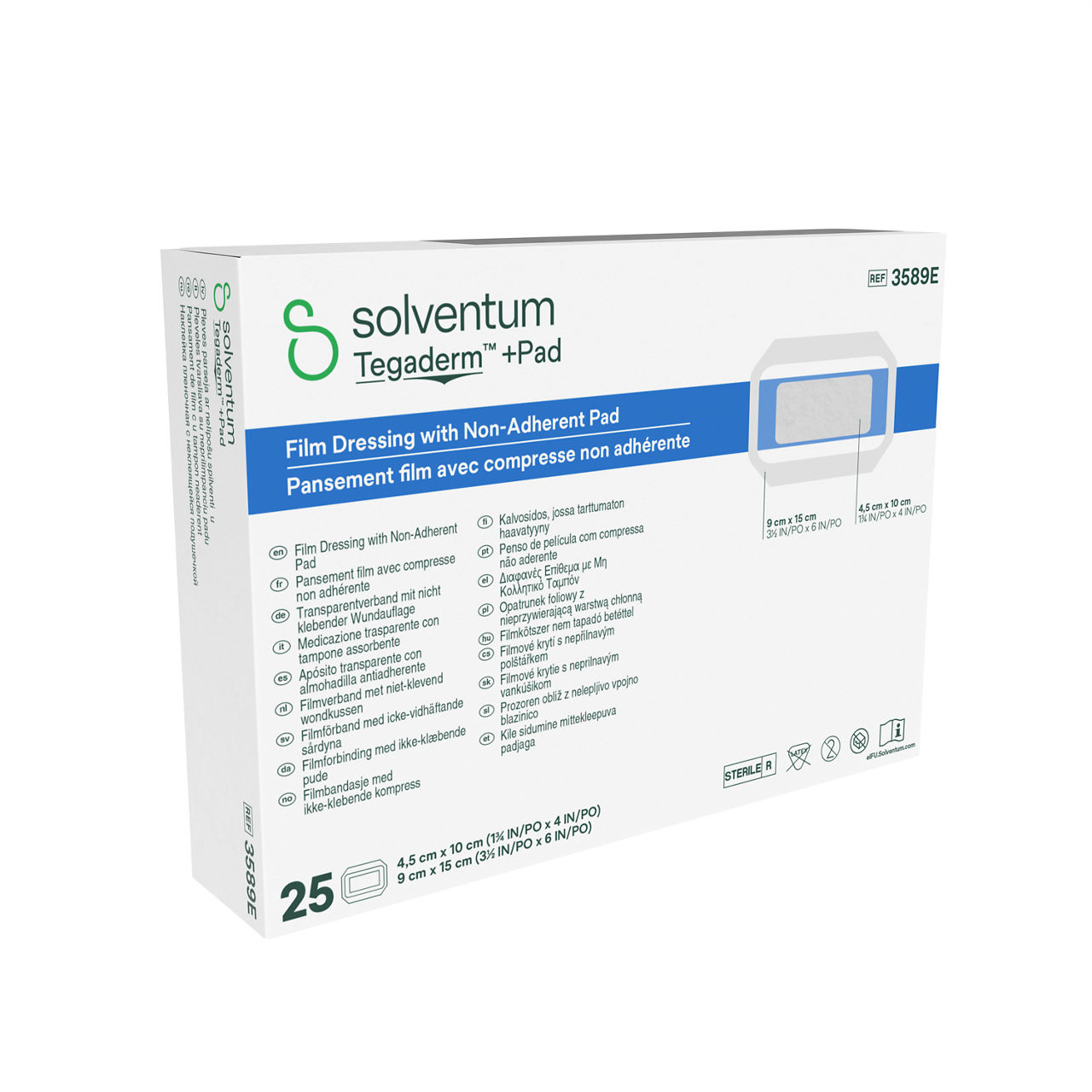 Solventum™ Tegaderm™ + Pad Film Dressing with Non-adherent Pad, 3589E, 3 1/2 in x 6 in (9 cm x 15 cm), 1/BAG, 100 BAG/CS, 100/CS - Front, Left, In Packaging (1L1)