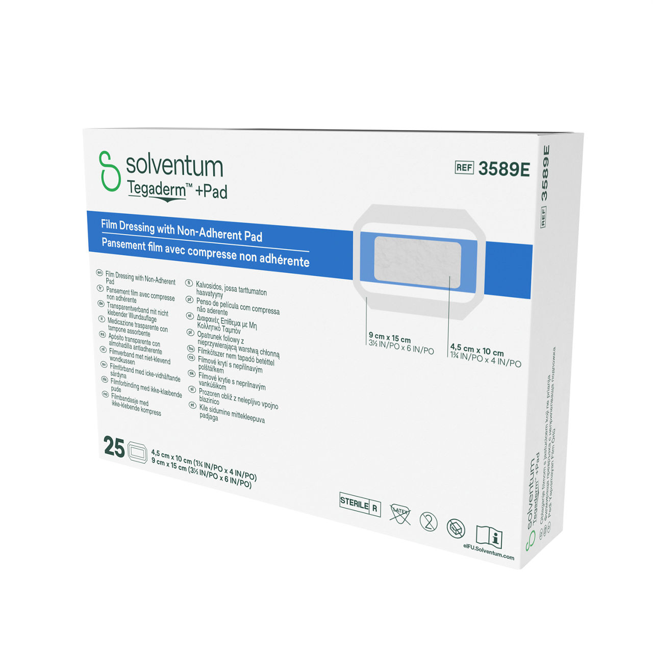 Solventum™ Tegaderm™ + Pad Film Dressing with Non-adherent Pad, 3589E, 3 1/2 in x 6 in (9 cm x 15 cm), 1/BAG, 100 BAG/CS, 100/CS - Front, Right, In Packaging (1R1)