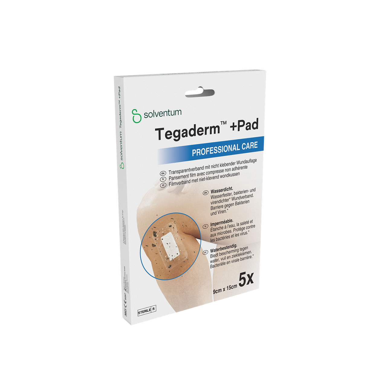 Solventum™ Tegaderm™ +Pad Film Dressing with Non-Adherent Pad, 3589P, 9 cm x 15 cm, 30 BAG/CS - Front, Left, In Packaging (1L1)