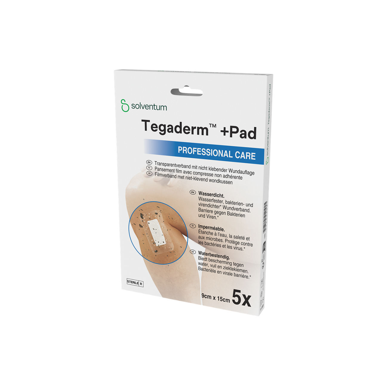 Solventum™ Tegaderm™ +Pad Film Dressing with Non-Adherent Pad, 3589P, 9 cm x 15 cm, 30 BAG/CS - Front, Right, In Packaging (1R1)