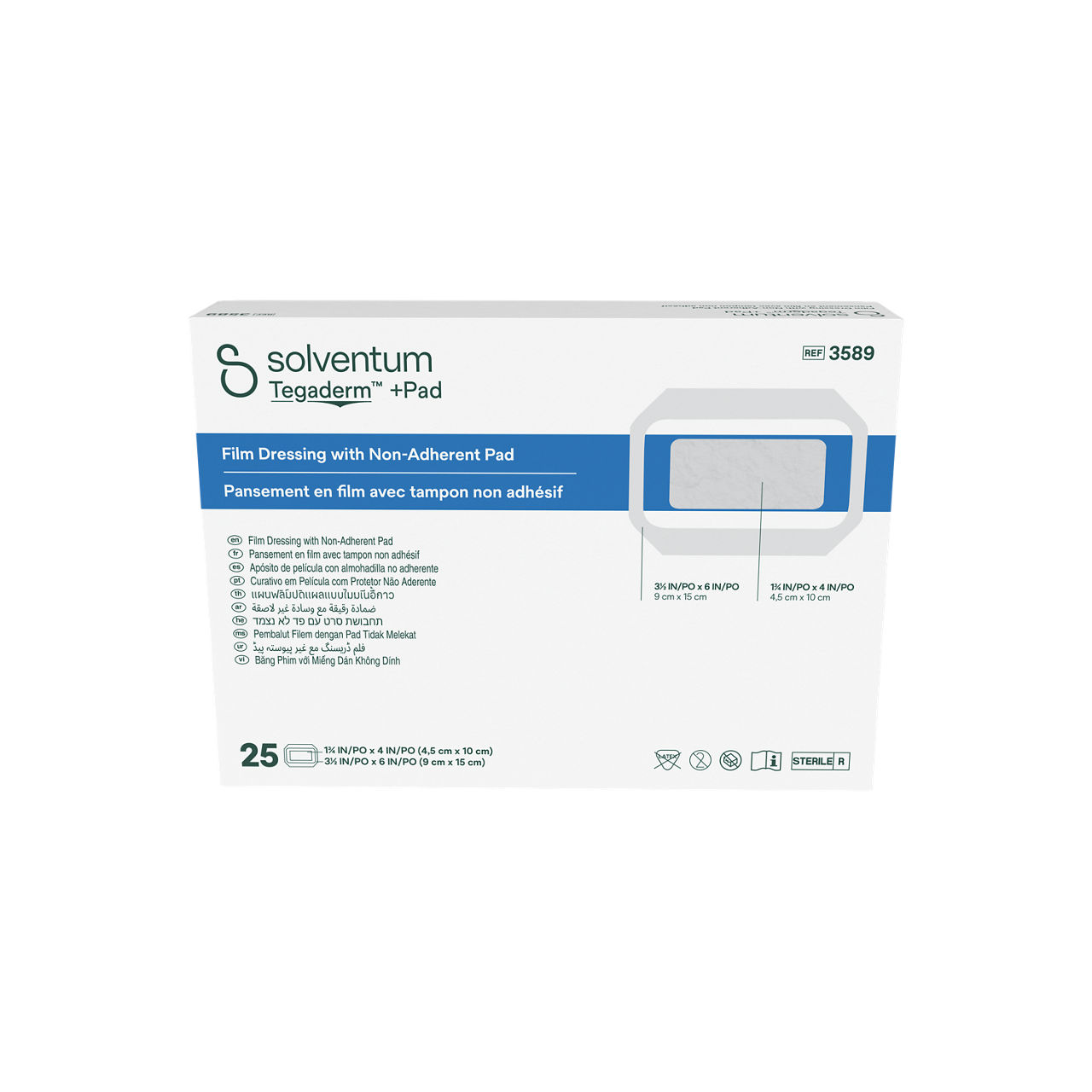 Solventum™ Tegaderm™ +Pad Film Dressing with Non-Adherent Pad, 3589, 3 1/2 in x 6 in (9 cm x 15 cm), 25/CAR, 4 CAR/CS - Front, Center, In Packaging (1C1)
