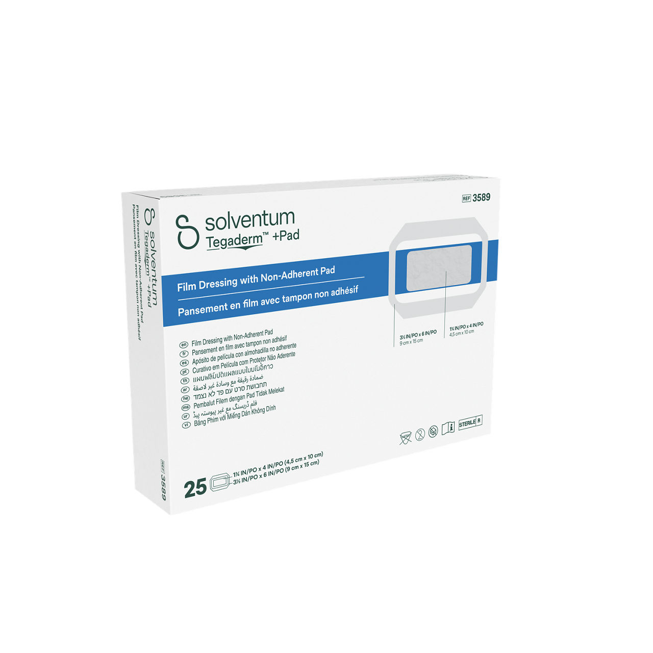 Solventum™ Tegaderm™ +Pad Film Dressing with Non-Adherent Pad, 3589, 3 1/2 in x 6 in (9 cm x 15 cm), 25/CAR, 4 CAR/CS - Front, Left, In Packaging (1L1)