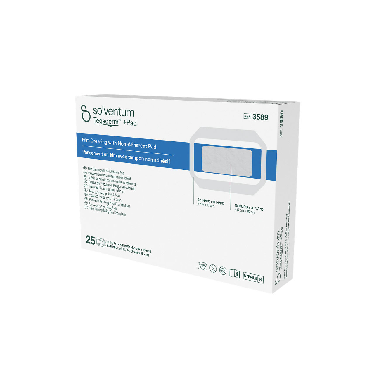 Solventum™ Tegaderm™ +Pad Film Dressing with Non-Adherent Pad, 3589, 3 1/2 in x 6 in (9 cm x 15 cm), 25/CAR, 4 CAR/CS - Front, Right, In Packaging (1R1)