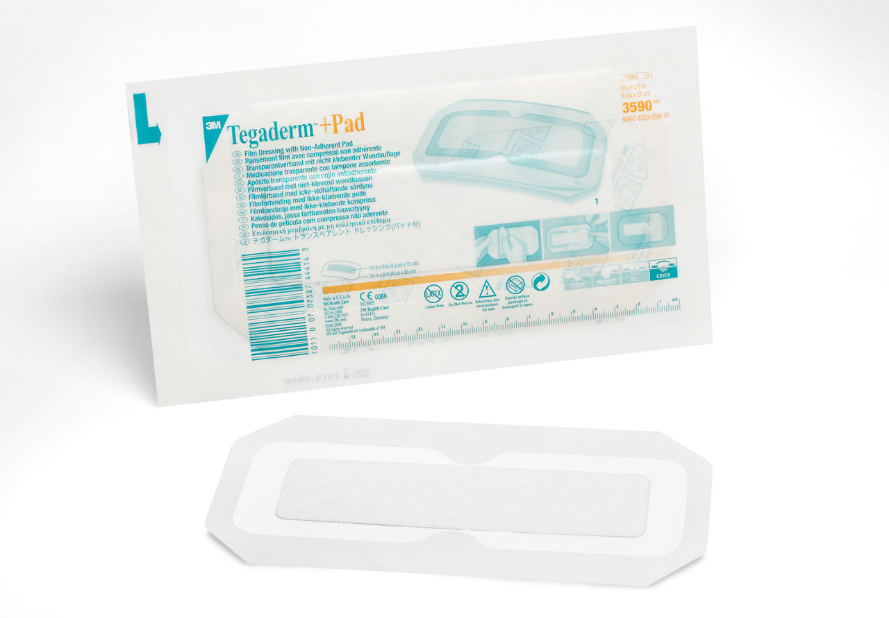 3M™ Tegaderm™ +Pad Film Dressing, 3590, Dressing Size 3-1/2 in x 8 in, Pad Size 1-3/4 in x 6 in, 25 Each/Carton, 4 Carton/Case