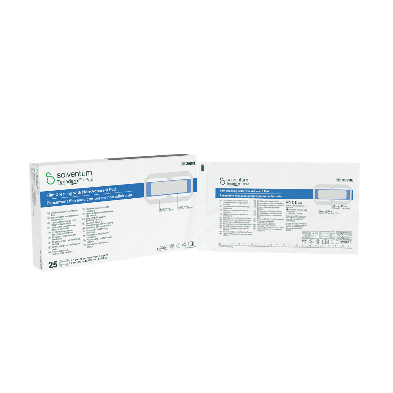 Solventum™ Tegaderm™ +Pad Film Dressing with Non-Adherent Pad, 3590E, 9 x 20 cm (3½ x 8 in), Pad - 4,5 x 15 cm, 25/CAR - Front, Center, In and Out of Packaging (1C10)