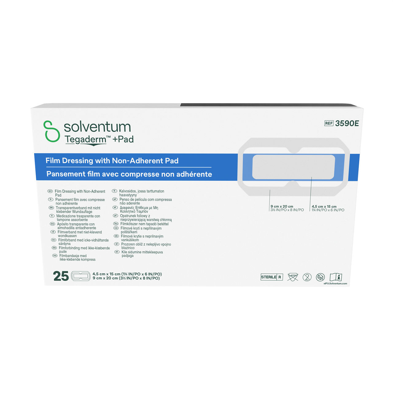 Solventum™ Tegaderm™ + Pad Film Dressing with Non-Adherent Pad, 3590E, 1/BAG, 100 BAG/CS, 100/CS - Front, Center, In Packaging (1C1)