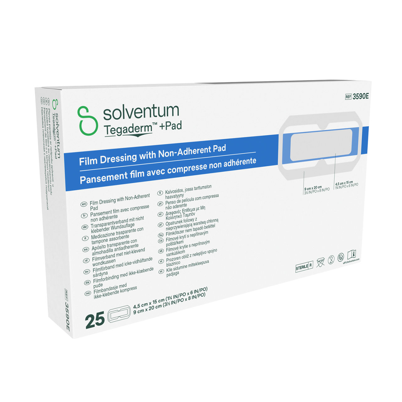 Solventum™ Tegaderm™ + Pad Film Dressing with Non-Adherent Pad, 3590E, 1/BAG, 100 BAG/CS, 100/CS - Front, Left, In Packaging (1L1)