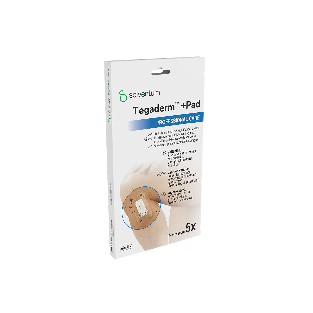 Solventum™ Tegaderm™ +Pad Film Dressing with Non-Adherent Pad, 3590SP, 9 cm x 20 cm, 5/PAC, 6 PAC/CS - Front, Left, In Packaging (1L1)