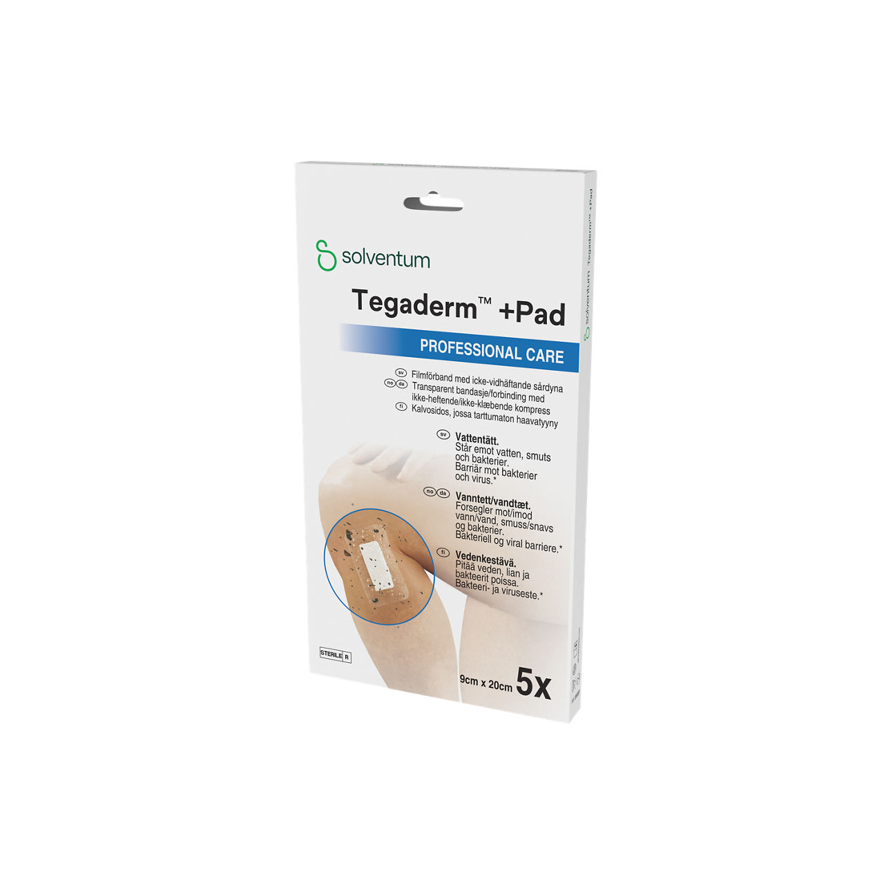 Solventum™ Tegaderm™ +Pad Film Dressing with Non-Adherent Pad, 3590SP, 9 cm x 20 cm, 5/PAC, 6 PAC/CS - Front, Right, In Packaging (1R1)