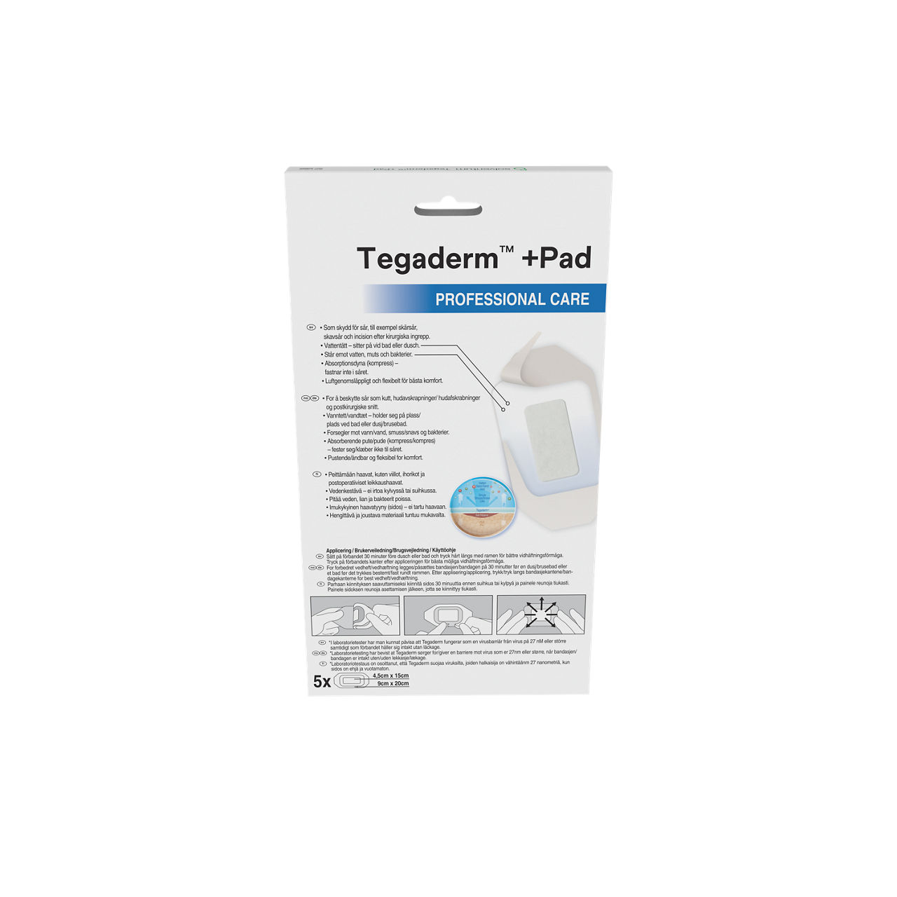 Solventum™ Tegaderm™ +Pad Film Dressing with Non-Adherent Pad, 3590SP, 9 cm x 20 cm, 5/PAC, 6 PAC/CS - Back, Center, In Packaging (7C1)