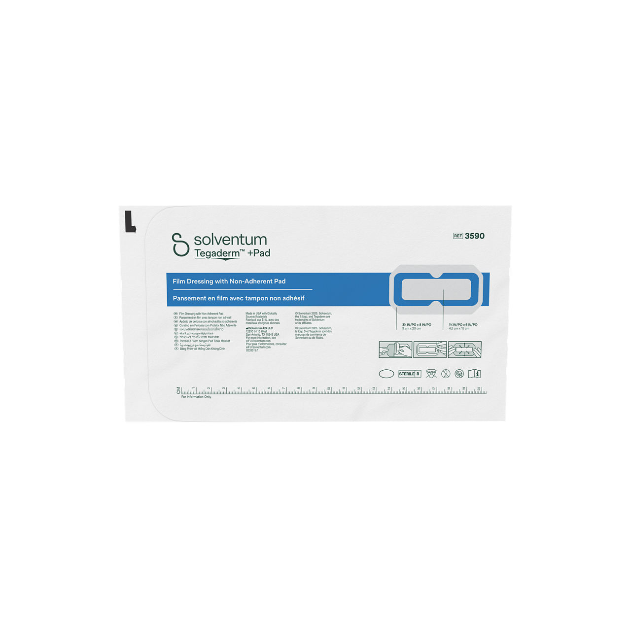 Solventum™ Tegaderm™ +Pad Film Dressing with Non-Adherent Pad, 3590, 3 1/2 in x 8 in (9 cm x 20 cm), 25/CAR, 4 CAR/CS - Front, Center, Out of Packaging (1C0)