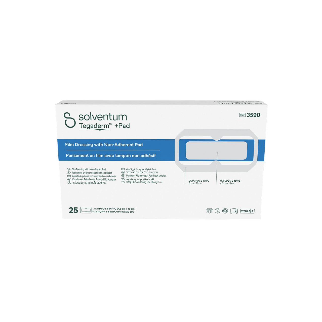 Solventum™ Tegaderm™ +Pad Film Dressing with Non-Adherent Pad, 3590, 3 1/2 in x 8 in (9 cm x 20 cm), 25/CAR, 4 CAR/CS - Front, Center, In Packaging (1C1)