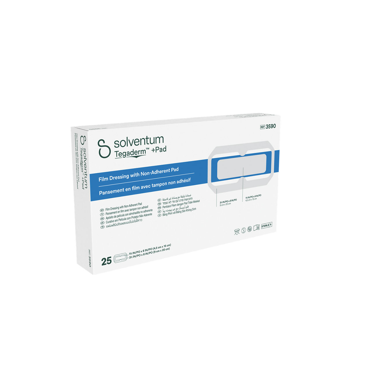 Solventum™ Tegaderm™ +Pad Film Dressing with Non-Adherent Pad, 3590, 3 1/2 in x 8 in (9 cm x 20 cm), 25/CAR, 4 CAR/CS - Front, Left, In Packaging (1L1)