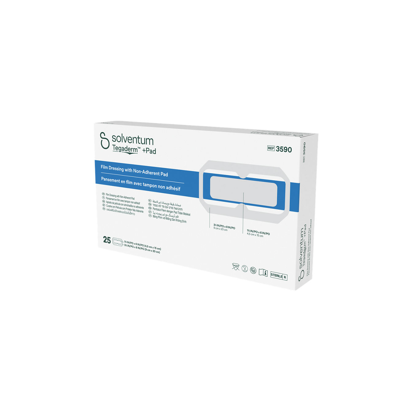 Solventum™ Tegaderm™ +Pad Film Dressing with Non-Adherent Pad, 3590, 3 1/2 in x 8 in (9 cm x 20 cm), 25/CAR, 4 CAR/CS - Front, Right, In Packaging (1R1)