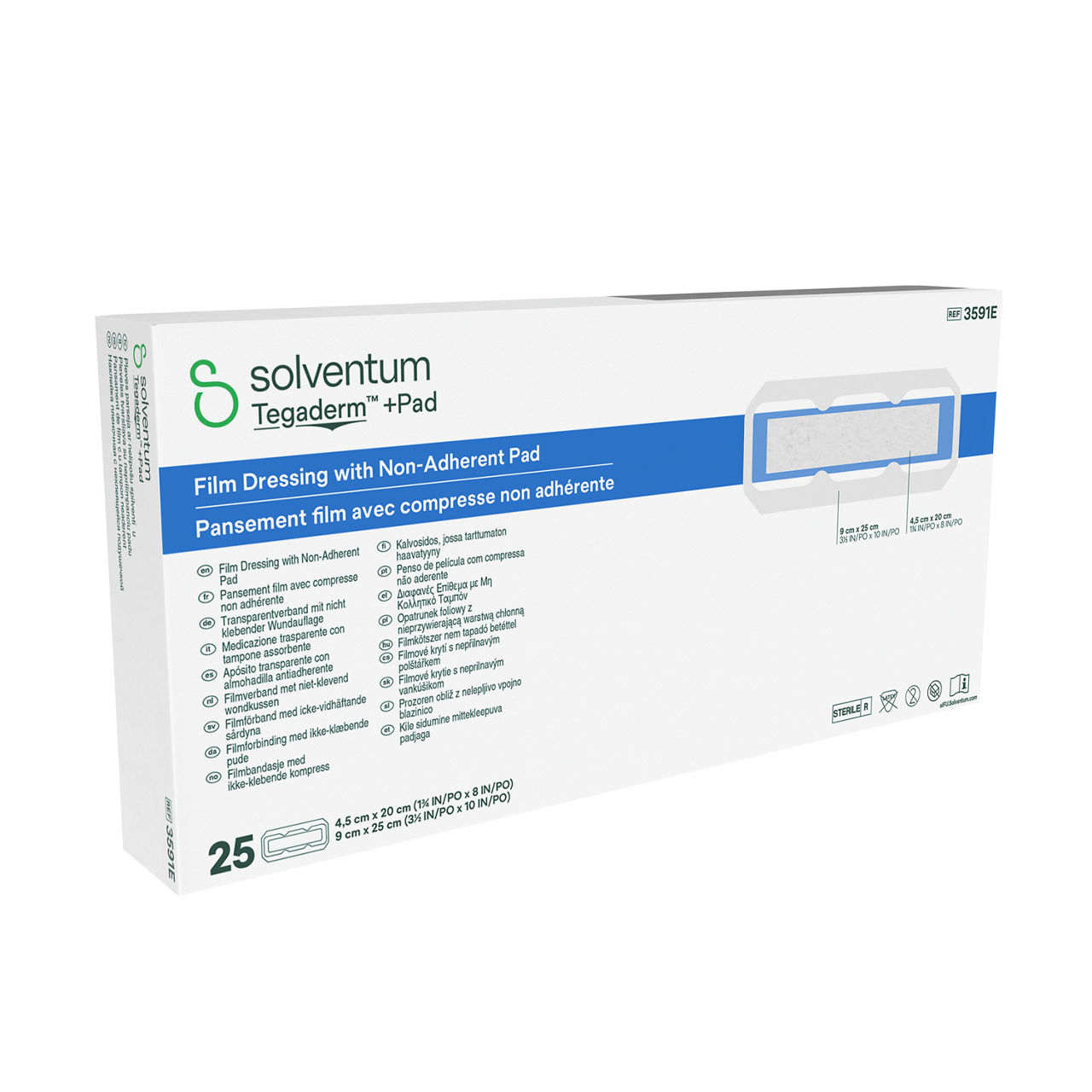 Solventum™ Tegaderm™ + Pad Film Dressing with Non-Adherent Pad, 3591E, 100/CS - Front, Left, In Packaging (1L1)