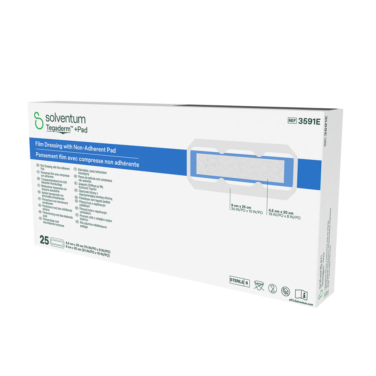 Solventum™ Tegaderm™ + Pad Film Dressing with Non-Adherent Pad, 3591E, 100/CS - Front, Right, In Packaging (1R1)