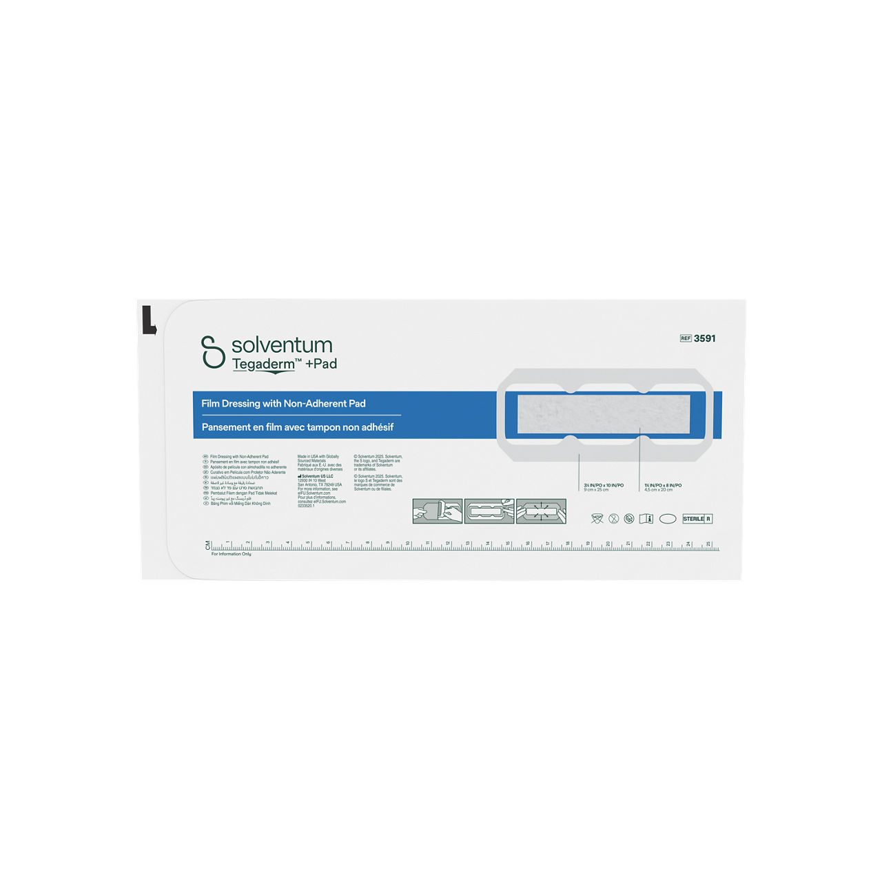 Solventum™ Tegaderm™ +Pad Film Dressing with Non-Adherent Pad, 3591, 3 1/2 in x 10 in (9 cm x 25 cm), 25/CAR, 4 CAR/CS - Front, Center, Out of Packaging (1C0)