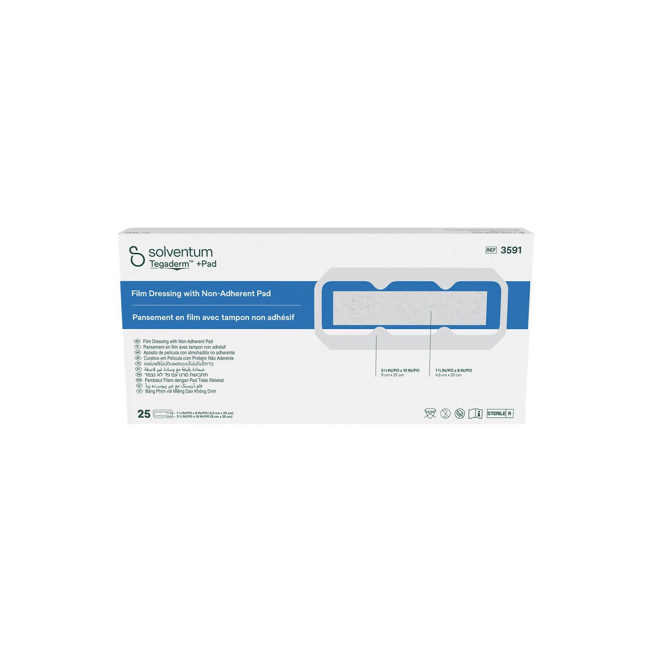 Solventum™ Tegaderm™ +Pad Film Dressing with Non-Adherent Pad, 3591, 3 1/2 in x 10 in (9 cm x 25 cm), 25/CAR, 4 CAR/CS - Front, Center, In Packaging (1C1)