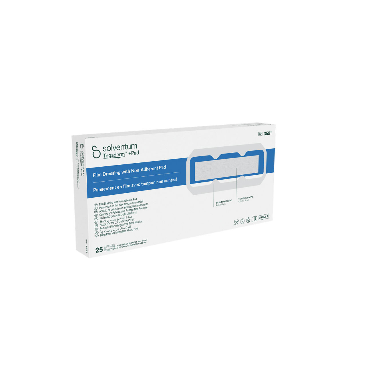 Solventum™ Tegaderm™ +Pad Film Dressing with Non-Adherent Pad, 3591, 3 1/2 in x 10 in (9 cm x 25 cm), 25/CAR, 4 CAR/CS - Front, Left, In Packaging (1L1)